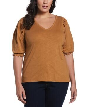 ELLA Rafaella Plus Size Cotton Smocked Elbow Sleeve Top Brown Size 1X 3107